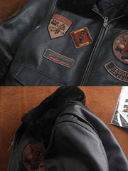 製品画像(Main Image): G1ムートン襟本革フライトジャケット、クラシックなムートン襟とワッペン付きデザイン、ヴィンテージミリタリースタイルジャケット、アメリカンヴィンテージジャケット、本革フライトジャケット
詳細画像(Zoom-In Image or Detail Image): G1ムートン襟フライトジャケットのディテール、精巧なワッペン、ムートン襟部分、ワッペン装飾のクローズアップ