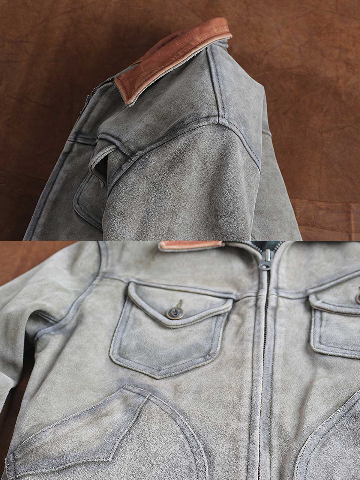 製品画像(Main Image): メンドーサ ヴィンテージ加工 トップレザー ジャケット、アメカジスタイルジャケット、ヴィンテージレザージャケット、ムーンポケットデザイン、ライダースジャケット、チェック柄裏地ジャケット、コントラストカラー レザー
詳細画像(Detail Image): メンドーサレザージャケット、ムーンポケットディテール、ライダース風カッティング、チェック柄裏地、レザーコントラストカラー