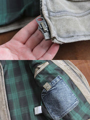 製品画像(Main Image): メンドーサ ヴィンテージ加工 トップレザー ジャケット、アメカジスタイルジャケット、ヴィンテージレザージャケット、ムーンポケットデザイン、ライダースジャケット、チェック柄裏地ジャケット、コントラストカラー レザー
詳細画像(Detail Image): メンドーサレザージャケット、ムーンポケットディテール、ライダース風カッティング、チェック柄裏地、レザーコントラストカラー