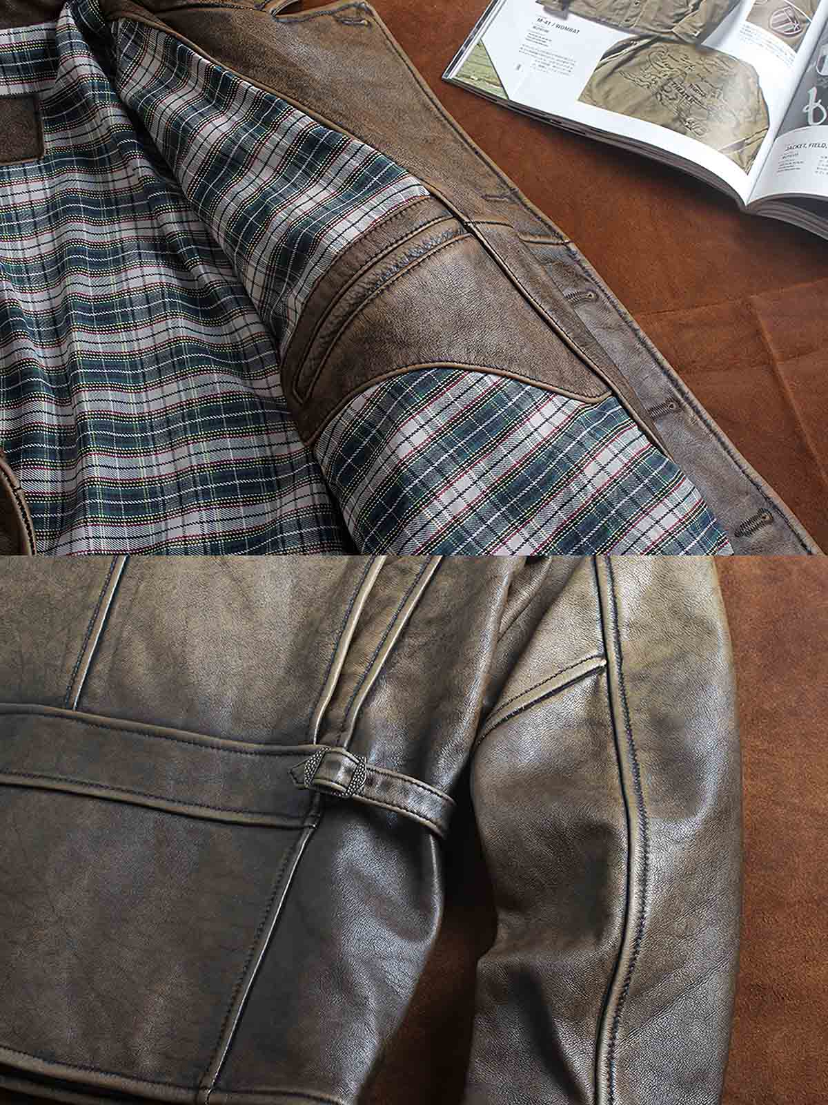 製品画像:ウォッシュ加工が施されたトップレザーのバイカージャケット全体展示。ヴィンテージ感とタフな印象が強調されています。
詳細画像:ジャケットのウォッシュ加工部分、チェック柄裏地、ショート丈デザインのディテールに焦点を当てたアップ画像。
