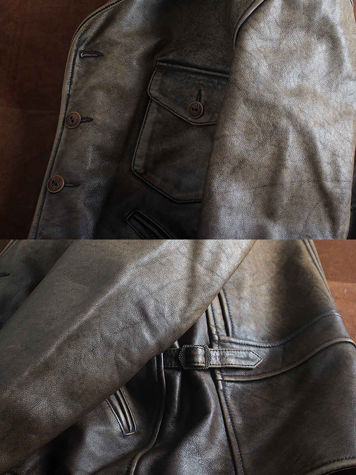 製品画像:ウォッシュ加工が施されたトップレザーのバイカージャケット全体展示。ヴィンテージ感とタフな印象が強調されています。
詳細画像:ジャケットのウォッシュ加工部分、チェック柄裏地、ショート丈デザインのディテールに焦点を当てたアップ画像。