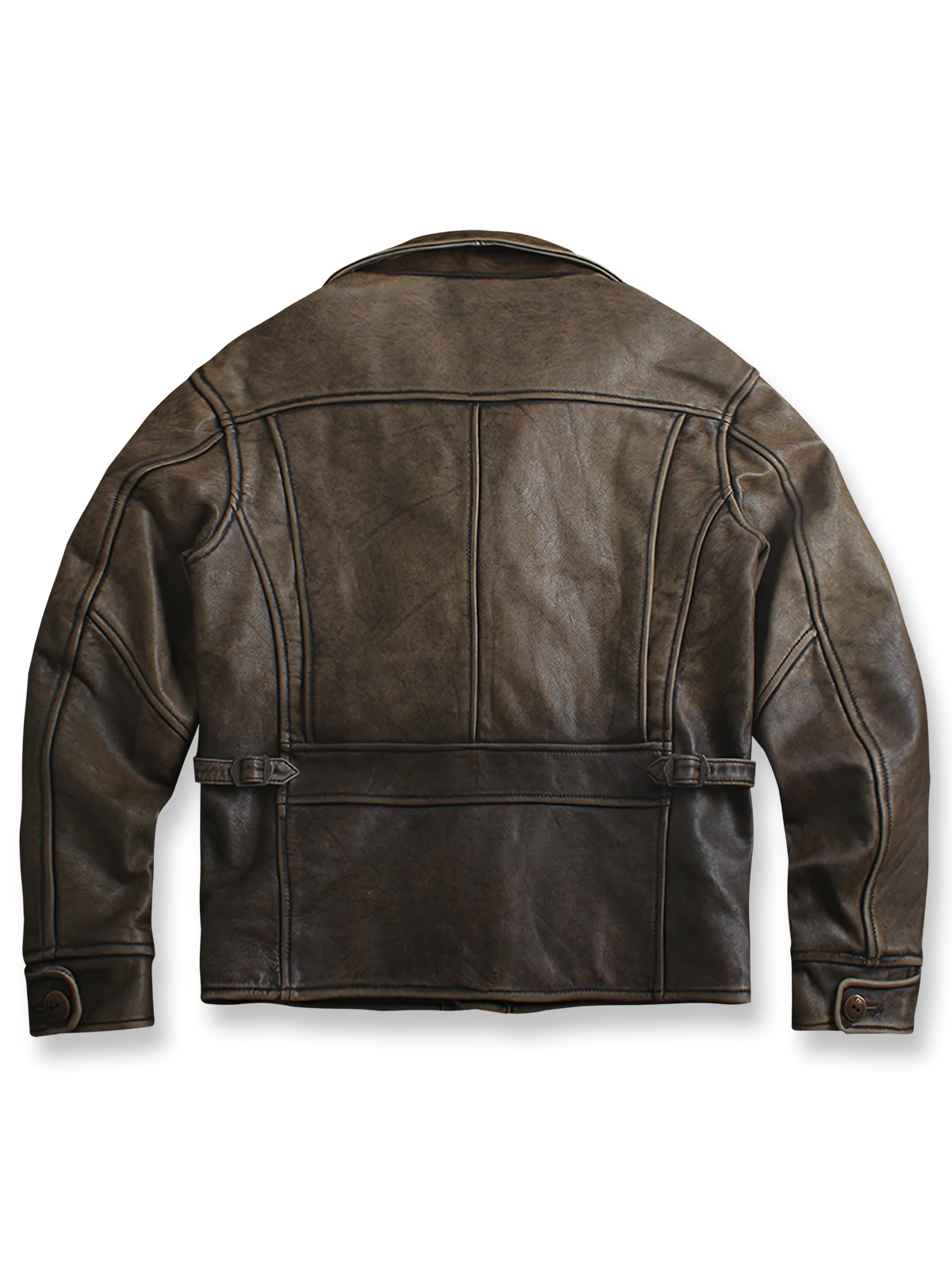 製品画像:ウォッシュ加工が施されたトップレザーのバイカージャケット全体展示。ヴィンテージ感とタフな印象が強調されています。
詳細画像:ジャケットのウォッシュ加工部分、チェック柄裏地、ショート丈デザインのディテールに焦点を当てたアップ画像。