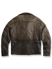 製品画像:ウォッシュ加工が施されたトップレザーのバイカージャケット全体展示。ヴィンテージ感とタフな印象が強調されています。
詳細画像:ジャケットのウォッシュ加工部分、チェック柄裏地、ショート丈デザインのディテールに焦点を当てたアップ画像。