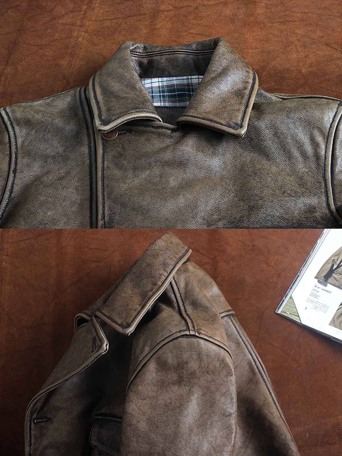 製品画像:ウォッシュ加工が施されたトップレザーのバイカージャケット全体展示。ヴィンテージ感とタフな印象が強調されています。
詳細画像:ジャケットのウォッシュ加工部分、チェック柄裏地、ショート丈デザインのディテールに焦点を当てたアップ画像。