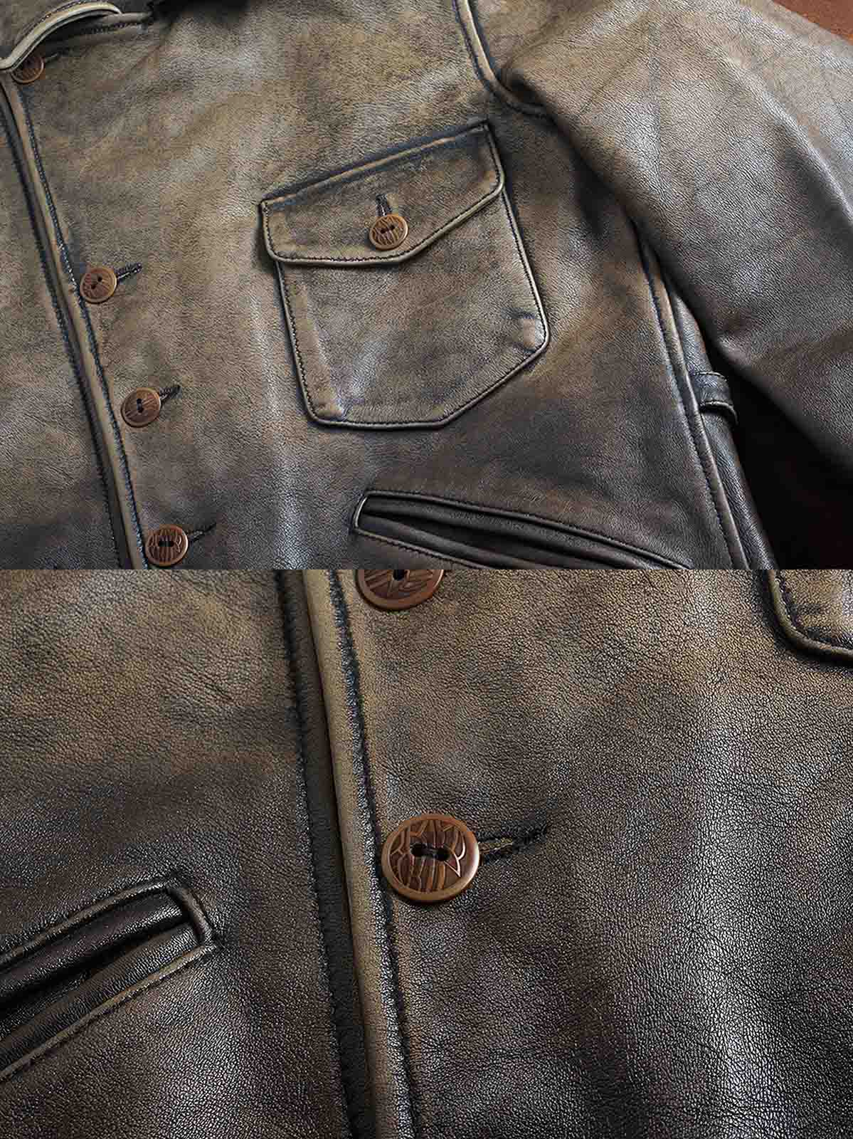 製品画像:ウォッシュ加工が施されたトップレザーのバイカージャケット全体展示。ヴィンテージ感とタフな印象が強調されています。
詳細画像:ジャケットのウォッシュ加工部分、チェック柄裏地、ショート丈デザインのディテールに焦点を当てたアップ画像。