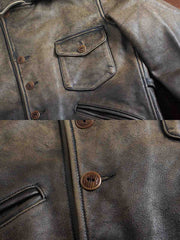 製品画像:ウォッシュ加工が施されたトップレザーのバイカージャケット全体展示。ヴィンテージ感とタフな印象が強調されています。
詳細画像:ジャケットのウォッシュ加工部分、チェック柄裏地、ショート丈デザインのディテールに焦点を当てたアップ画像。