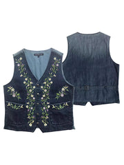 製品画像:
「アメリカンウェスタン風花柄刺繍デニムベストの全体展示。ヴィンテージ風のウォッシュ加工と精緻な花柄刺繍が特徴的なデニム素材を使用。」
詳細画像:
「ベストの花柄刺繍とナチュラルウォッシュ加工のディテール。クラシックなアメリカンウェスタンスタイルを演出するデニムベスト。」