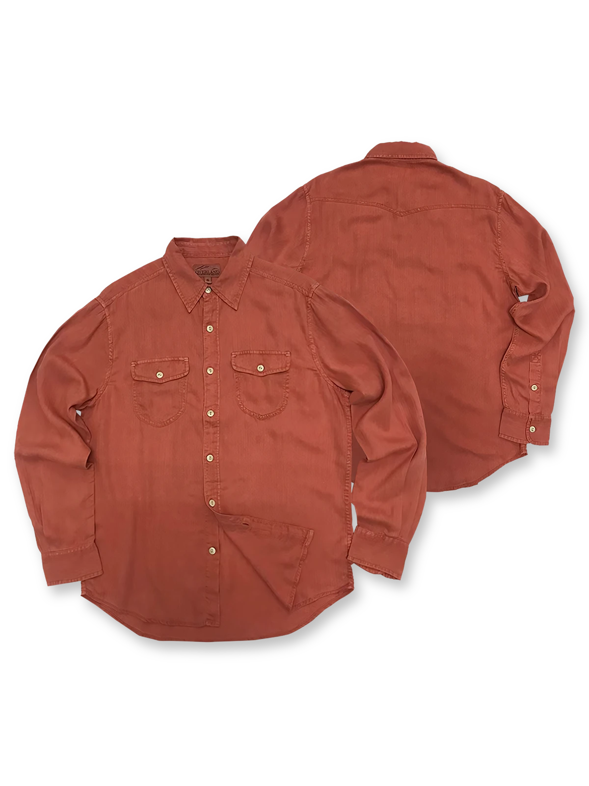 製品画像:
ライセール素材とヘリンボーン柄が特徴的な長袖シャツ。製品染めによりヴィンテージ感のある色調と柔らかな質感を実現。
詳細画像:
ヘリンボーン柄のディテールと製品染めの色調をアップで展示。ライセール素材の柔らかさと独特なデザインを強調。