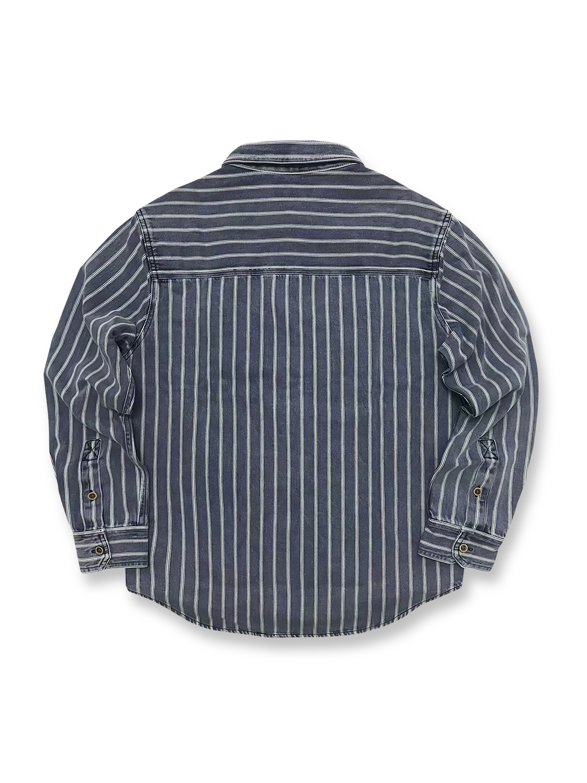 製品画像:
アメリカンウェスタン風ストライプウォッシュデニムシャツの全体展示。ヴィンテージ風デザイン、耐久性のある12オンスデニムを使用したシャツ。
詳細画像:
ウォッシュ加工されたストライプ柄とカスタムメイドの実木ボタンのディテール。ヴィンテージ風デザインの細部に注目。