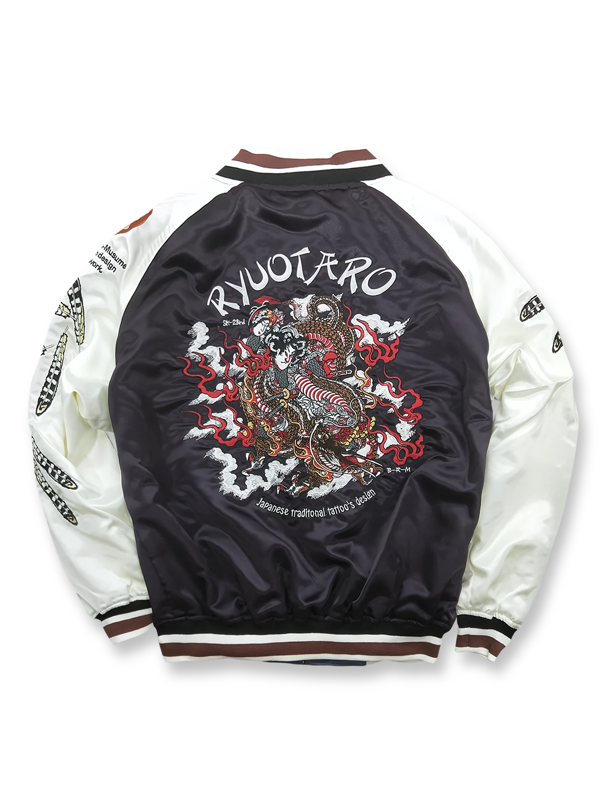 製品画像: 横須賀赤鬼青龍 リバーシブル シルクジャケット全体画像、伝統的な和風刺繍とハワイアンテイストのデザイン
詳細画像: 両面に施された赤鬼と青龍の刺繍ディテール、伝統的な横須賀スタイルと精巧な刺繍