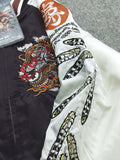 製品画像: 横須賀赤鬼青龍 リバーシブル シルクジャケット全体画像、伝統的な和風刺繍とハワイアンテイストのデザイン
詳細画像: 両面に施された赤鬼と青龍の刺繍ディテール、伝統的な横須賀スタイルと精巧な刺繍