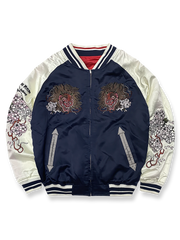 製品画像: リバーシブル シルク刺繍 横須賀 テッドマン 酒吞童子 ジャケットの全体画像、幸運を象徴する赤鬼と伝統的な刺繍デザイン
詳細画像: テッドマン(幸运の赤鬼)と酒吞童子の刺繍ディテール、横須賀刺繍の高度な技法で施されたアート