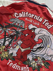 製品画像: リバーシブル シルク刺繍 横須賀 テッドマン 酒吞童子 ジャケットの全体画像、幸運を象徴する赤鬼と伝統的な刺繍デザイン
詳細画像: テッドマン(幸运の赤鬼)と酒吞童子の刺繍ディテール、横須賀刺繍の高度な技法で施されたアート