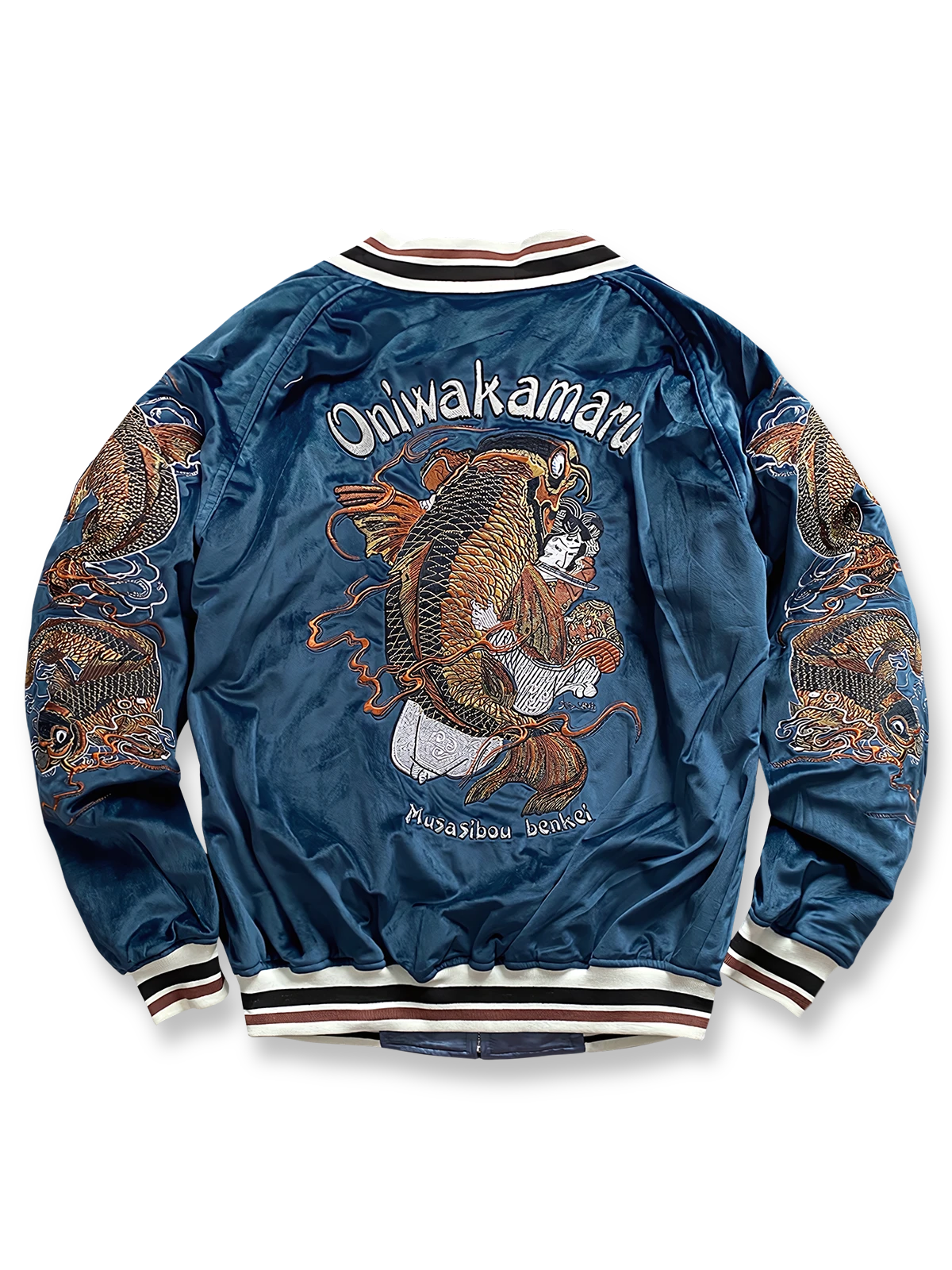 製品画像: リバーシブル 刺繍 横須賀 ベルベット ジャケット全体画像、伝統的な日本の横須賀刺繍とヴィンテージデザイン
詳細画像: 武松の虎退治と鬼若丸の鯉退治の刺繍ディテール、横須賀刺繍の高度な技法と精緻な表現