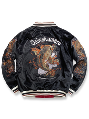 製品画像: リバーシブル 刺繍 横須賀 水滸伝 鬼若丸 ベルベット ジャケットの全体画像、日本の伝統とヴィンテージデザイン
詳細画像: 水滸伝 武松の虎退治と鬼若丸の鯉退治の刺繍ディテール、横須賀刺繍の精緻な技法