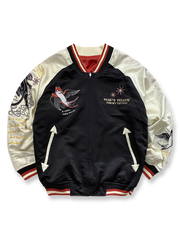 製品画像: リバーシブル 刺繍 横須賀 テッドマン 着物ギタリスト ジャケット全体画像、アメリカ文化と日本伝統を融合したデザイン
詳細画像: テッドマン(幸运の赤鬼)と着物ギタリストの刺繍ディテール、横須賀刺繍の芸術的な美しさと細部へのこだわり