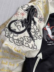 製品画像: リバーシブル 刺繍 横須賀 テッドマン 着物ギタリスト ジャケット全体画像、アメリカ文化と日本伝統を融合したデザイン
詳細画像: テッドマン(幸运の赤鬼)と着物ギタリストの刺繍ディテール、横須賀刺繍の芸術的な美しさと細部へのこだわり