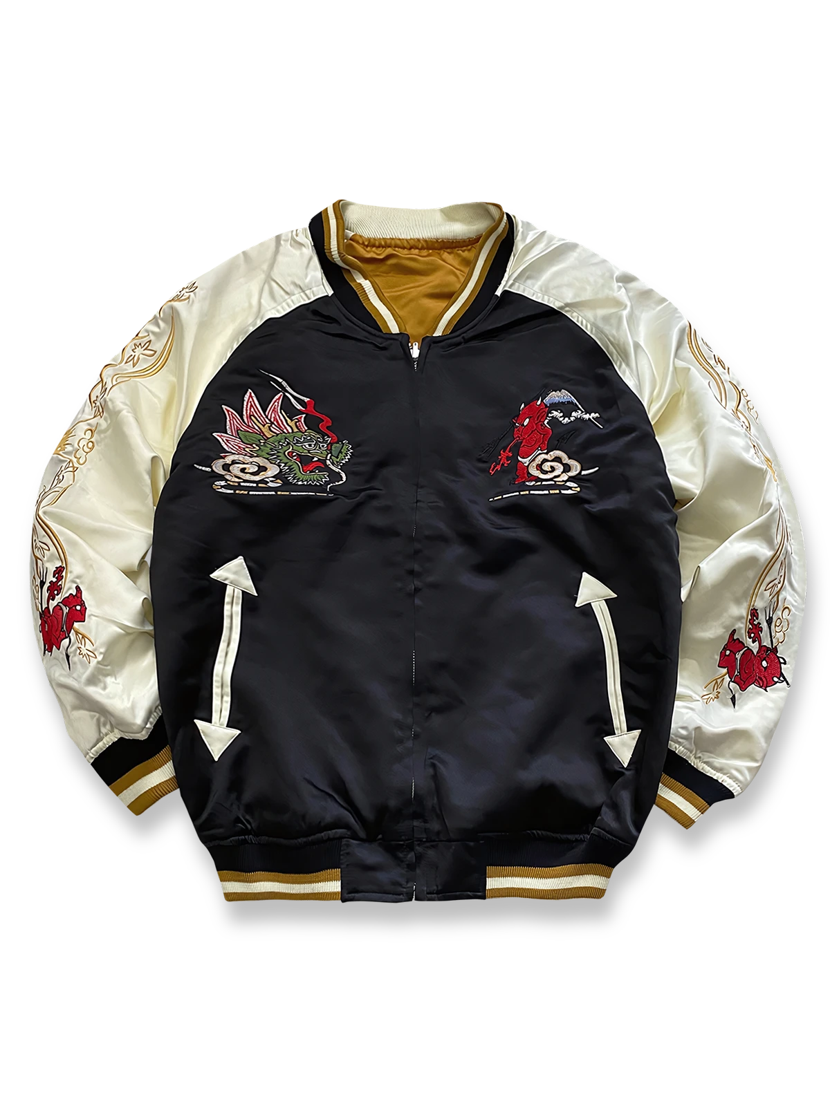 製品画像: リバーシブル シルク刺繍 横須賀 和柄タトゥーアートのシンガーとテッドマン ジャケットの全体画像、日本文化と個性の融合デザイン
詳細画像: 和柄タトゥーアートのシンガーとテッドマン(幸運の赤鬼)の刺繍ディテール、横須賀刺繍の精緻な美しさ