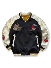 製品画像: リバーシブル シルク刺繍 横須賀 和柄タトゥーアートのシンガーとテッドマン ジャケットの全体画像、日本文化と個性の融合デザイン
詳細画像: 和柄タトゥーアートのシンガーとテッドマン(幸運の赤鬼)の刺繍ディテール、横須賀刺繍の精緻な美しさ