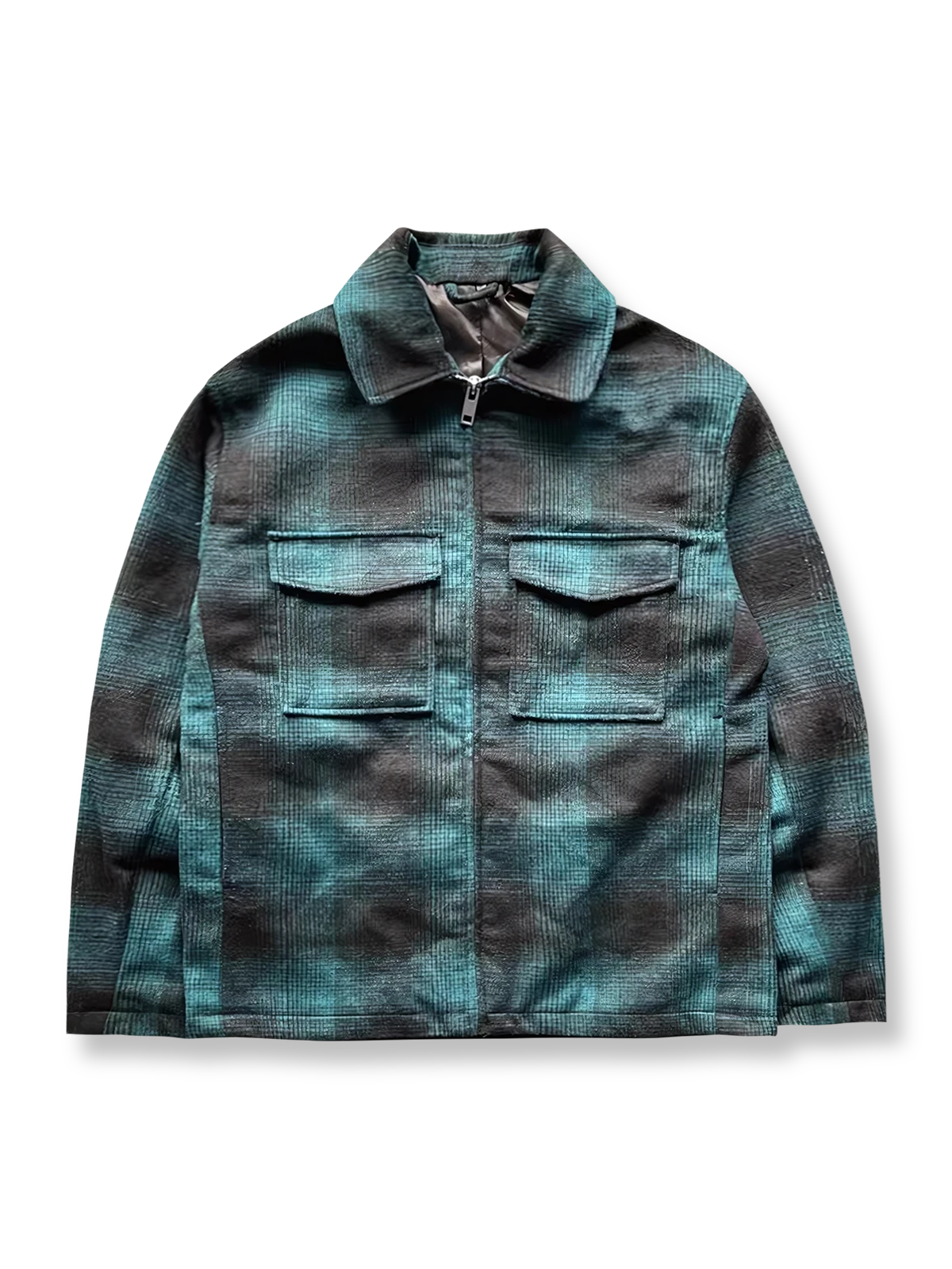 製品画像: 起毛ラシャチェック柄シャツジャケットの全体展示。暖かく、秋冬にぴったりのカジュアルなデザイン。
詳細画像: ジャケットの起毛ラシャ素材とクラシックなモノトーンチェック柄ディテール。