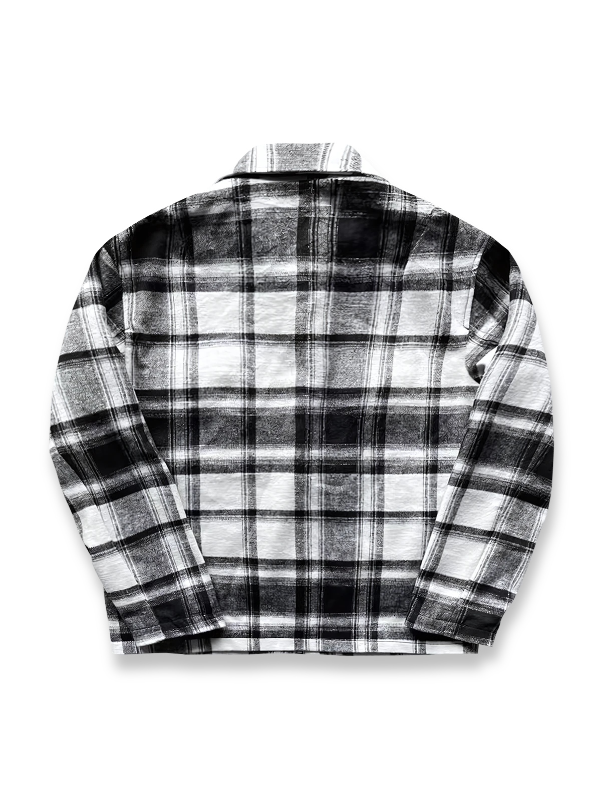 製品画像: 起毛ラシャチェック柄シャツジャケットの全体展示。暖かく、秋冬にぴったりのカジュアルなデザイン。
詳細画像: ジャケットの起毛ラシャ素材とクラシックなモノトーンチェック柄ディテール。