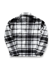 製品画像: 起毛ラシャチェック柄シャツジャケットの全体展示。暖かく、秋冬にぴったりのカジュアルなデザイン。
詳細画像: ジャケットの起毛ラシャ素材とクラシックなモノトーンチェック柄ディテール。