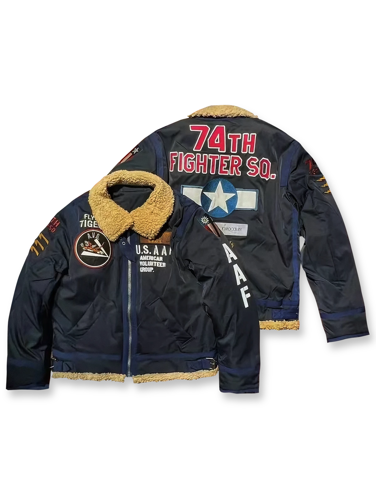 製品画像:
クラシックB3空軍リバイバルジャケット改良版の全体画像、厚手ボア裏地と精緻なミリタリーワッペン刺繍が特徴的なヴィンテージフライトジャケット。
詳細画像:
胸元のワッペン刺繍と背面の「第74戦闘飛行中隊(74TH FIGHTER SQ.)」刺繍ディテール、アメリカ空軍の象徴的なデザイン。