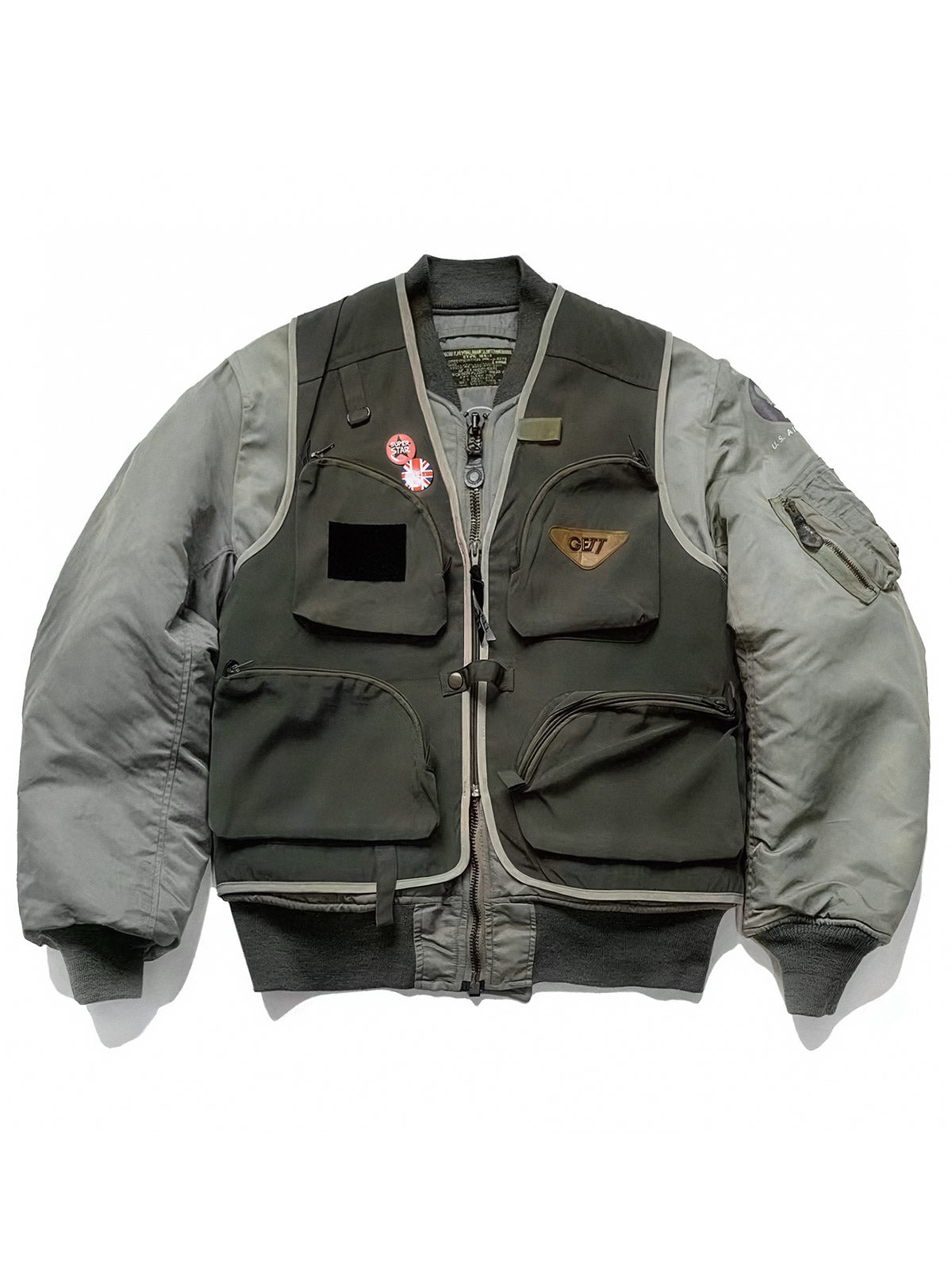 製品画像: 2点セット タクティカルベストとMA-1フライトジャケットの全体展示画像、ミリタリースタイルとアウトドアファッションの両方に対応した多機能デザイン
詳細画像: タクティカルベストのバッジと多機能ポケット、MA-1フライトジャケットのクラシックディテール特写、耐久性と快適性を兼ね備えた高品質素材