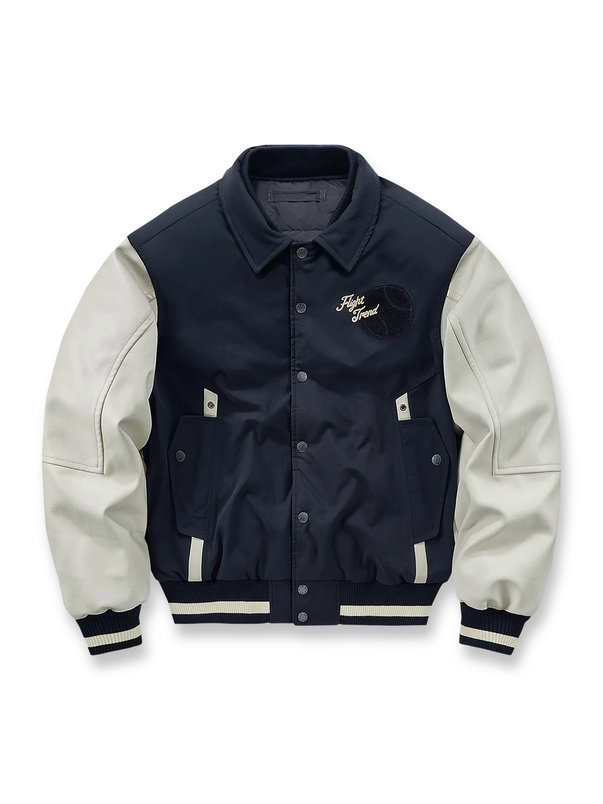 製品画像: アメリカンヴィンテージ リバーシブル ベースボールジャケットの全体画像、面ファスナー付き空軍ワッペンとスカル&コイン刺繍が特徴の個性的デザイン
詳細画像: 背面に施されたスカルとコインの刺繍ディテール、面ファスナー付き空軍ベースボールワッペンの特写、高耐久ポリエステルと柔らかなレーヨン素材