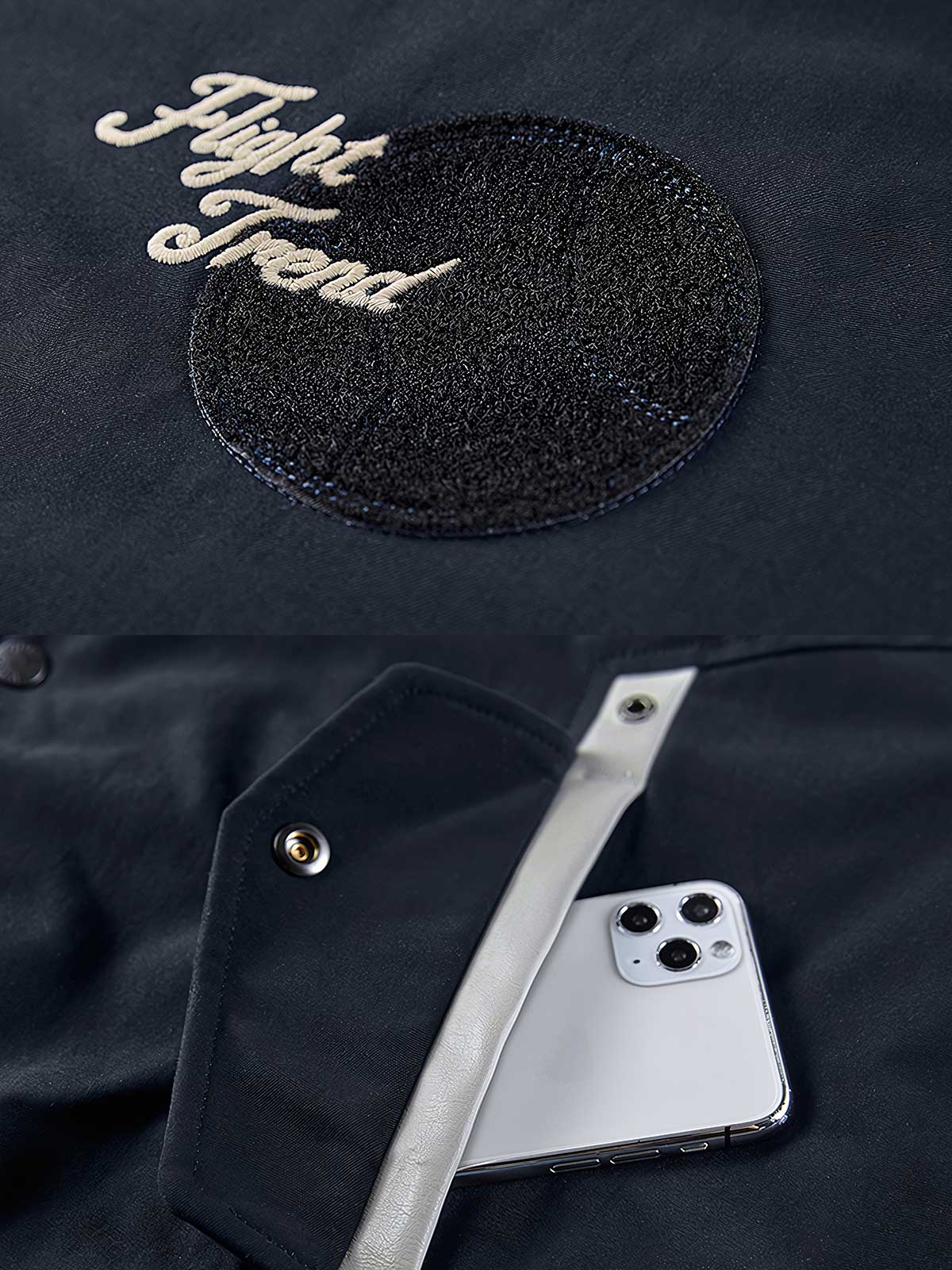 製品画像: アメリカンヴィンテージ リバーシブル ベースボールジャケットの全体画像、面ファスナー付き空軍ワッペンとスカル&コイン刺繍が特徴の個性的デザイン
詳細画像: 背面に施されたスカルとコインの刺繍ディテール、面ファスナー付き空軍ベースボールワッペンの特写、高耐久ポリエステルと柔らかなレーヨン素材