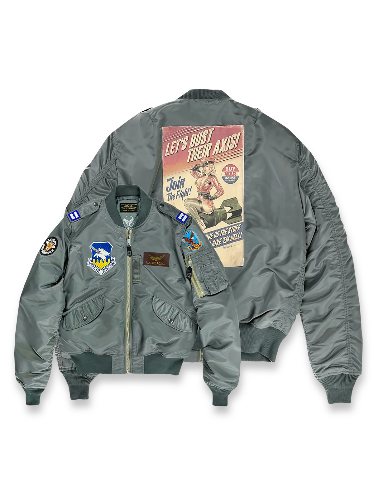 製品画像: L2-Bヴィンテージフライトジャケットの全体画像、ミリタリーグリーンとキャプテンランクの肩章が特徴のデザイン
詳細画像: 背面のポスター調デザインとキャプテンランク肩章のディテール、1940年代風のミリタリースタイル