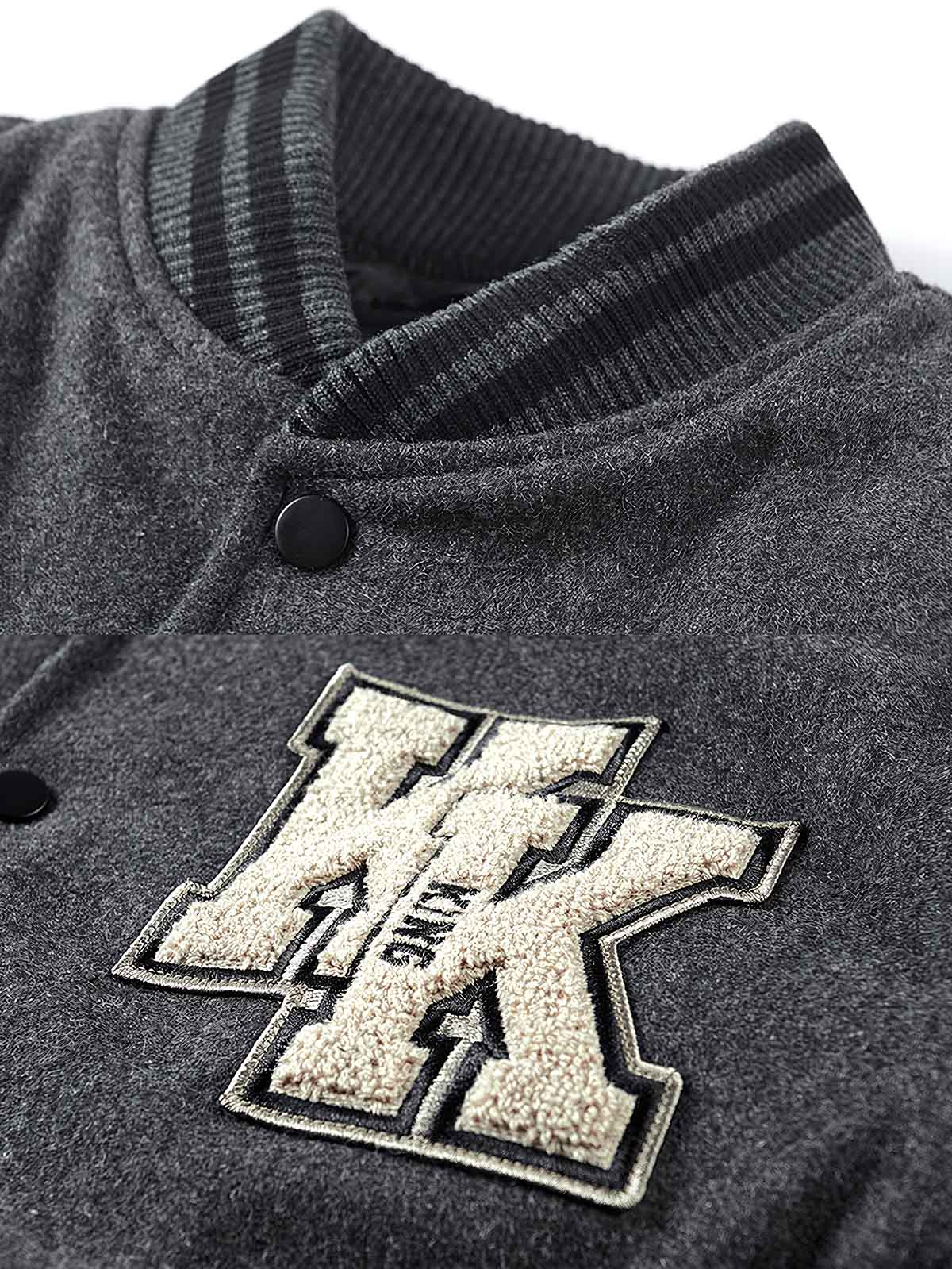 製品画像: アメカジ文字刺繍とゴリラ刺繍が特徴のベースボールジャケットの全体画像、ヴィンテージミリタリーテイスト
詳細画像: フロントと袖のゴリラ刺繍と文字タオル刺繍のディテール、アメカジヴィンテージ感を強調