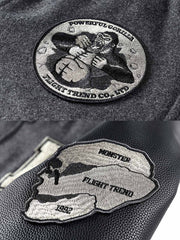 製品画像: アメカジ文字刺繍とゴリラ刺繍が特徴のベースボールジャケットの全体画像、ヴィンテージミリタリーテイスト
詳細画像: フロントと袖のゴリラ刺繍と文字タオル刺繍のディテール、アメカジヴィンテージ感を強調