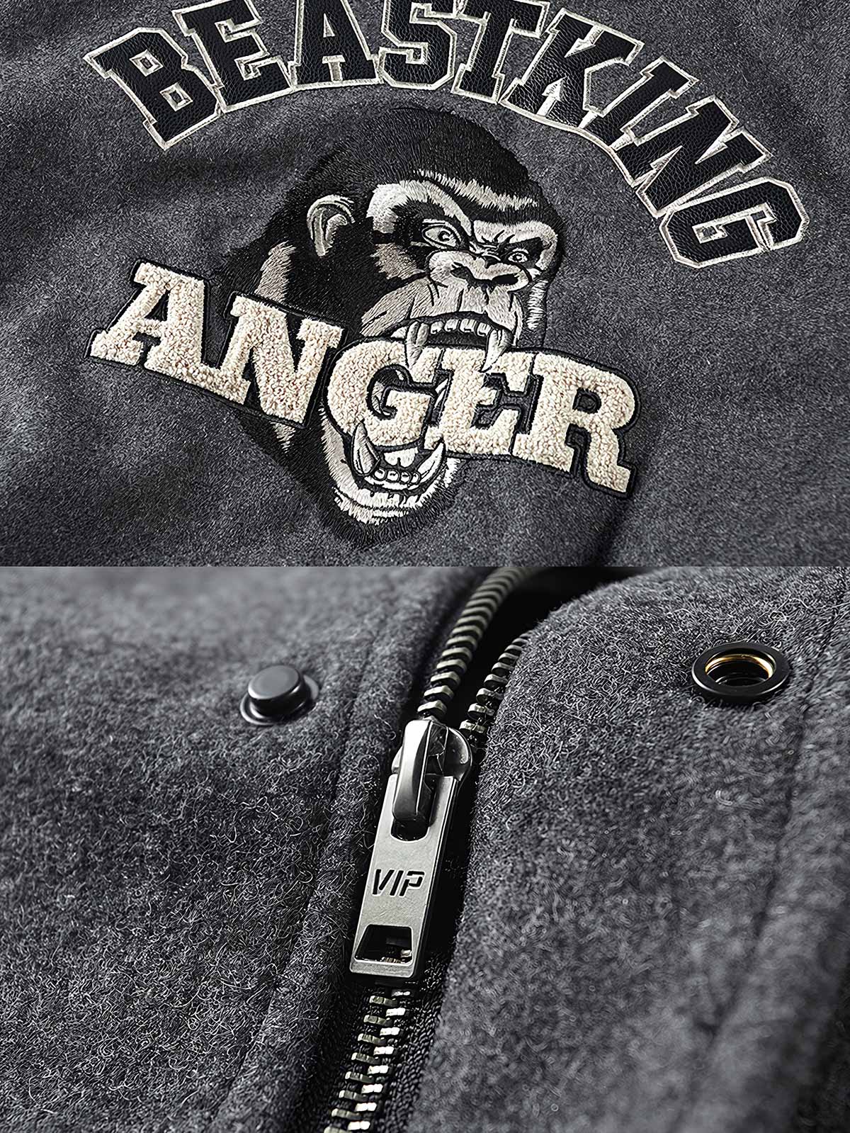 製品画像: アメカジ文字刺繍とゴリラ刺繍が特徴のベースボールジャケットの全体画像、ヴィンテージミリタリーテイスト
詳細画像: フロントと袖のゴリラ刺繍と文字タオル刺繍のディテール、アメカジヴィンテージ感を強調