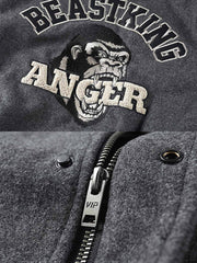 製品画像: アメカジ文字刺繍とゴリラ刺繍が特徴のベースボールジャケットの全体画像、ヴィンテージミリタリーテイスト
詳細画像: フロントと袖のゴリラ刺繍と文字タオル刺繍のディテール、アメカジヴィンテージ感を強調