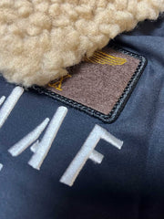 製品画像: 第74戦闘飛行中隊 B3 フライトジャケットの全体画像、シープスキン裏地とクラシックなミリタリースタイル
詳細画像: 背面の「74th FIGHTER SQ.」ロゴとアメリカ空軍マークの刺繍ディテール