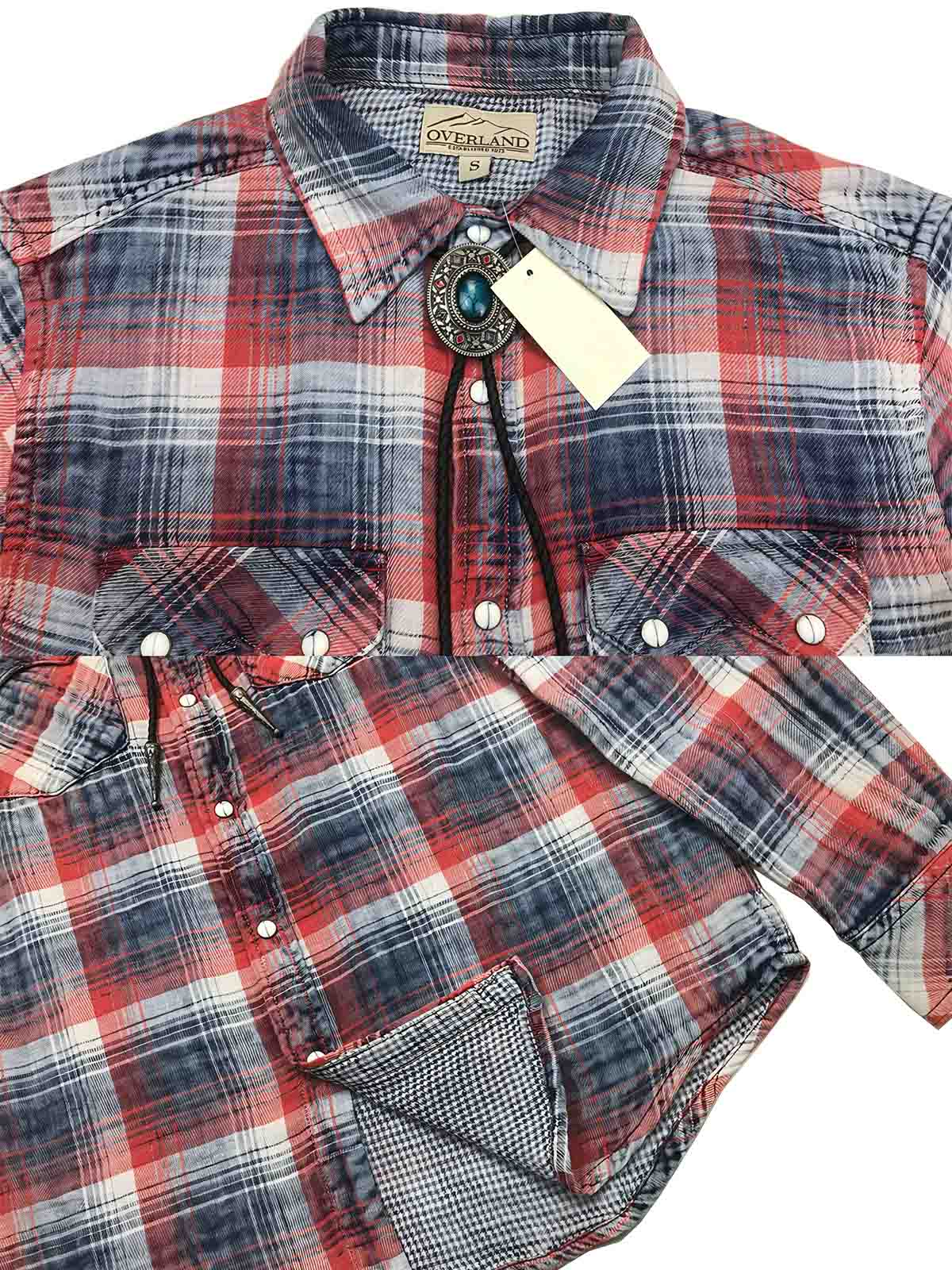 製品画像ALT代替テキスト
藍染めダブルガーゼオゾンウォッシュ加工チェック柄シャツの全体展示、ヴィンテージなウエスタン風デザインが特徴。
詳細画像ALT代替テキスト
藍染めダブルガーゼシャツのディテール、W型フラップポケットとパールスナップボタンがヴィンテージな質感を引き立てます。