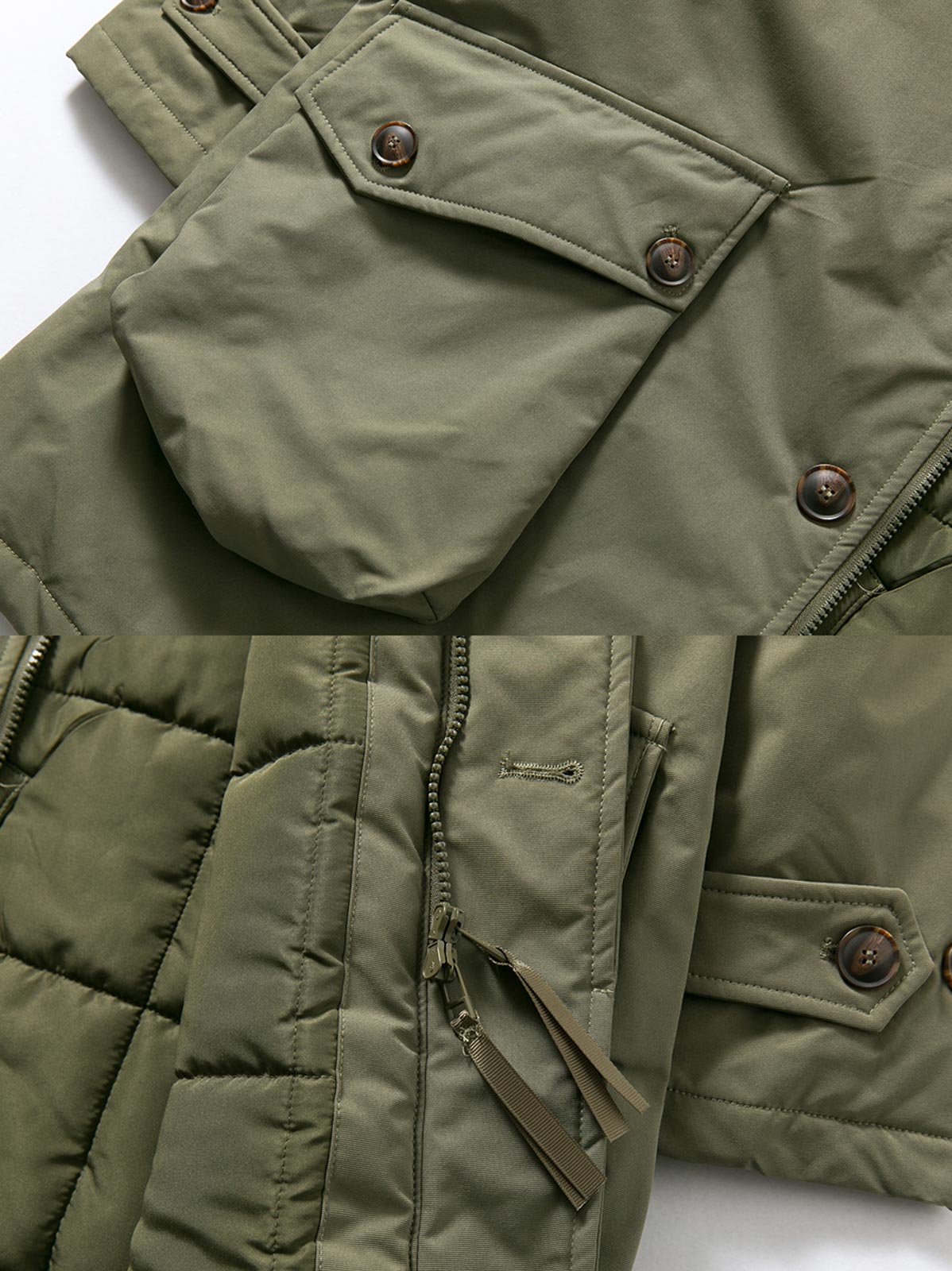 製品画像ALT代替テキスト
クラシックなミドル丈キルティング中綿コート、3色展開(ベージュ、グリーン、ブラック)、冬の防寒に最適。
詳細画像ALT代替テキスト
防風・防水性能を備えたダブルジップとポケットディテールが特徴の中綿コート。