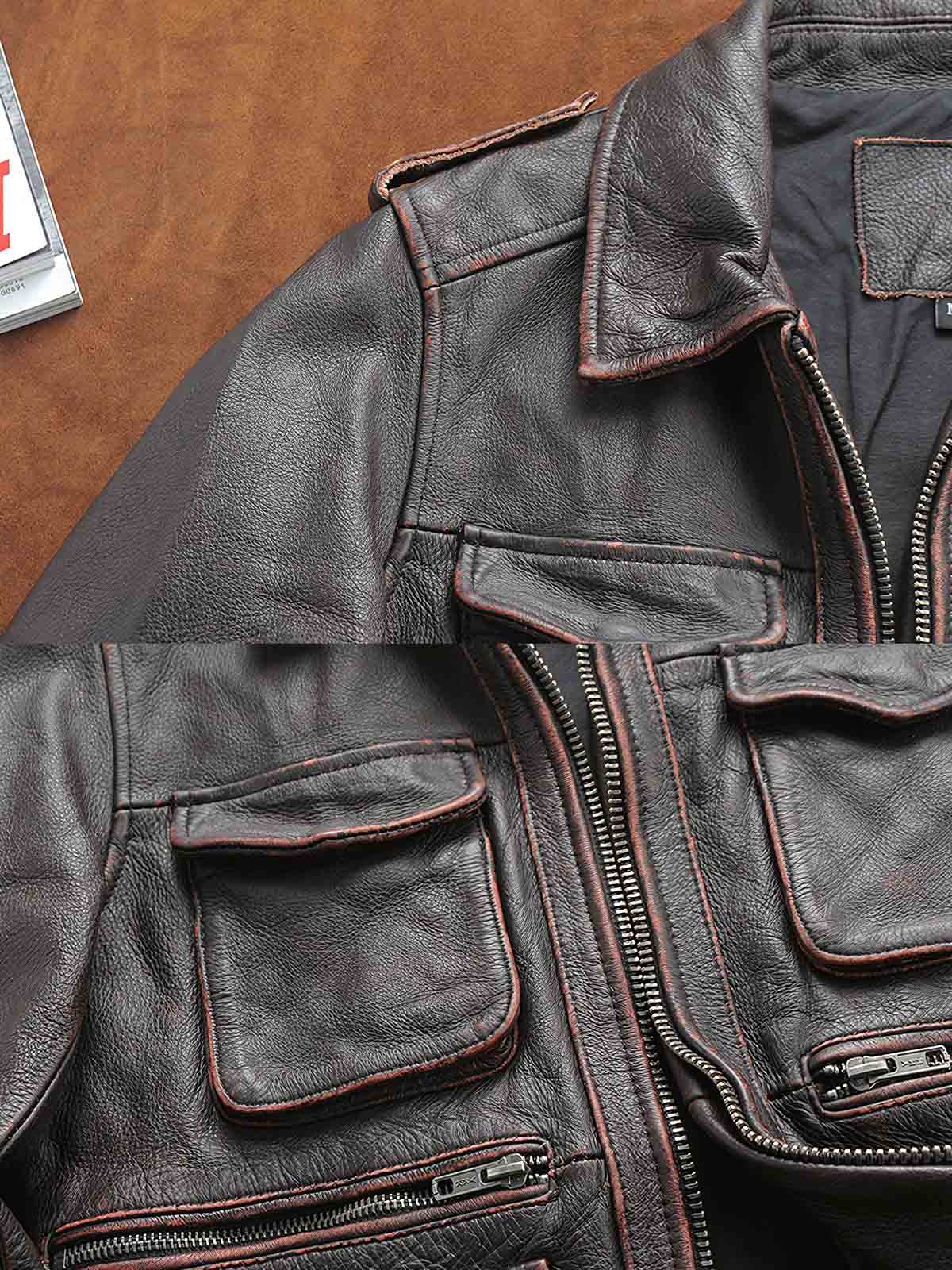 製品画像ALT代替テキスト
特級ソフトカウレザーを使用したヴィンテージ風M65レザーフィールドジャケット全体展示、クラシックなデザインと耐久性が特徴的
詳細画像ALT代替テキスト
M65フィールドジャケットのカウレザー質感、エッジ加工、マルチポケットと高密度刺繍の細部ディテール展示