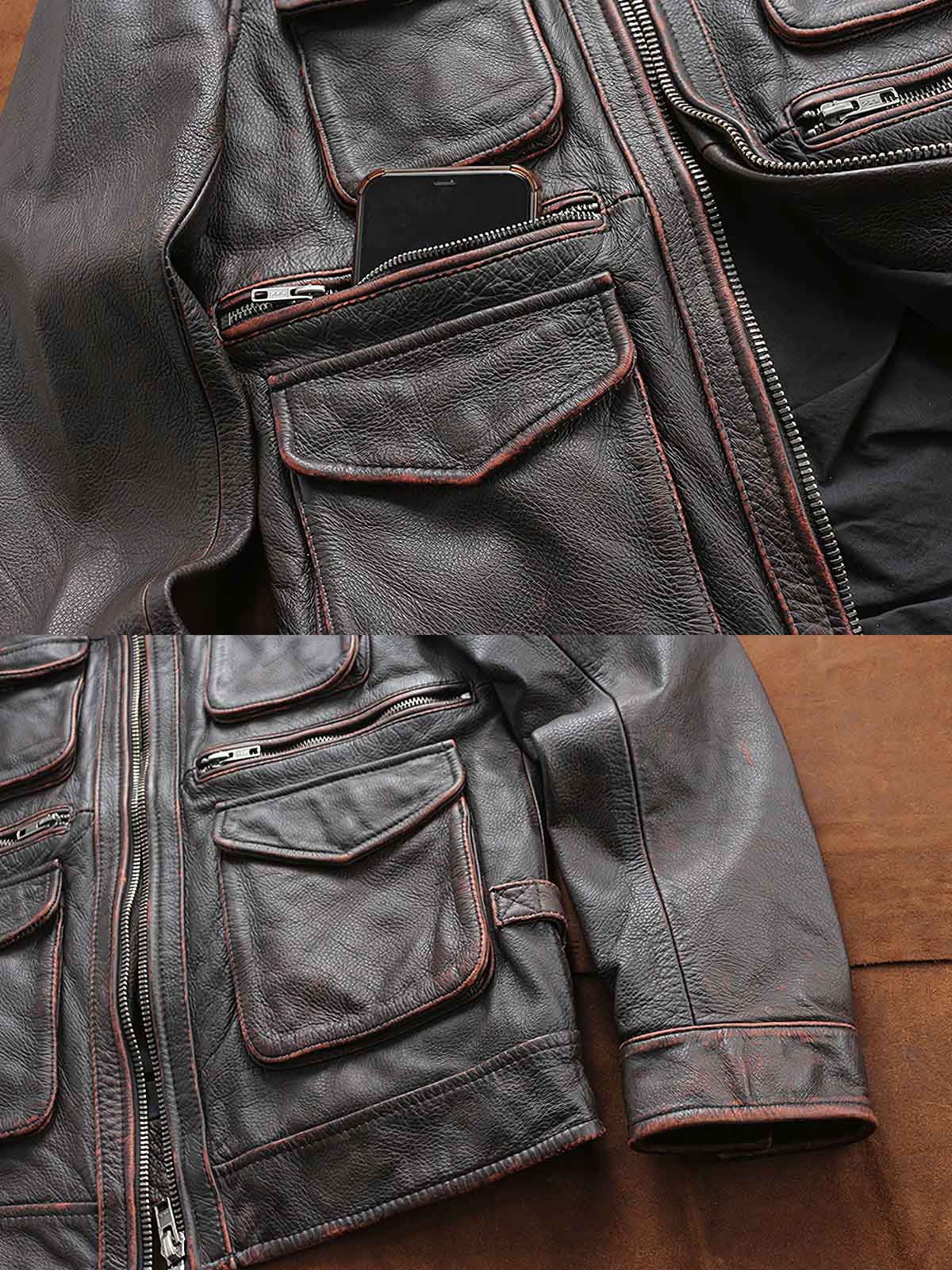 製品画像ALT代替テキスト
特級ソフトカウレザーを使用したヴィンテージ風M65レザーフィールドジャケット全体展示、クラシックなデザインと耐久性が特徴的
詳細画像ALT代替テキスト
M65フィールドジャケットのカウレザー質感、エッジ加工、マルチポケットと高密度刺繍の細部ディテール展示