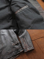 製品画像ALT代替テキスト
特級ソフトカウレザーを使用したヴィンテージ風M65レザーフィールドジャケット全体展示、クラシックなデザインと耐久性が特徴的
詳細画像ALT代替テキスト
M65フィールドジャケットのカウレザー質感、エッジ加工、マルチポケットと高密度刺繍の細部ディテール展示