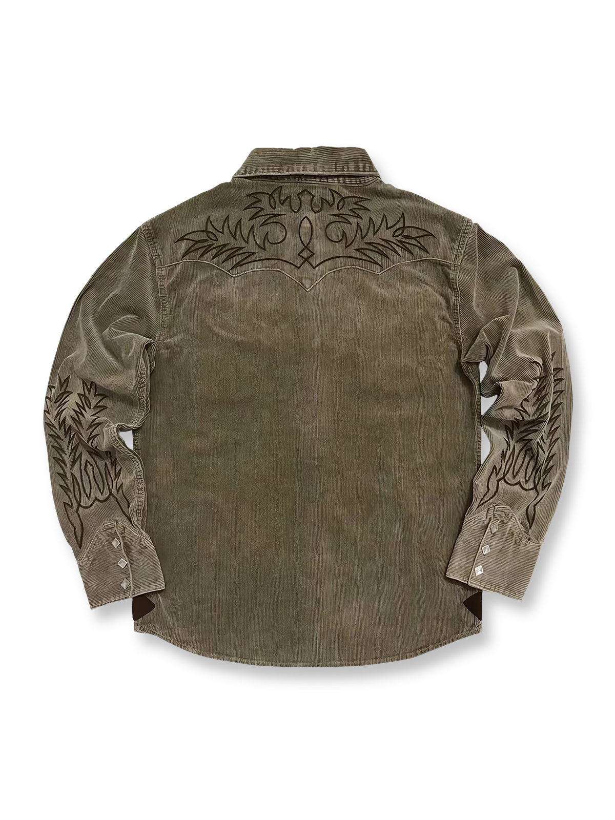 製品画像:アメカジヴィンテージコーデュロイ刺繍シャツの全体展示図、厚手のコットン素材で、ヴィンテージ風刺繍とシープレザー装飾が特徴的。
詳細画像:コーデュロイ刺繍シャツの刺繍模様とシープレザー装飾、ヴィンテージ風コンチョボタンと真鍮製ドットボタンのディテール。