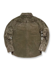 製品画像:アメカジヴィンテージコーデュロイ刺繍シャツの全体展示図、厚手のコットン素材で、ヴィンテージ風刺繍とシープレザー装飾が特徴的。
詳細画像:コーデュロイ刺繍シャツの刺繍模様とシープレザー装飾、ヴィンテージ風コンチョボタンと真鍮製ドットボタンのディテール。