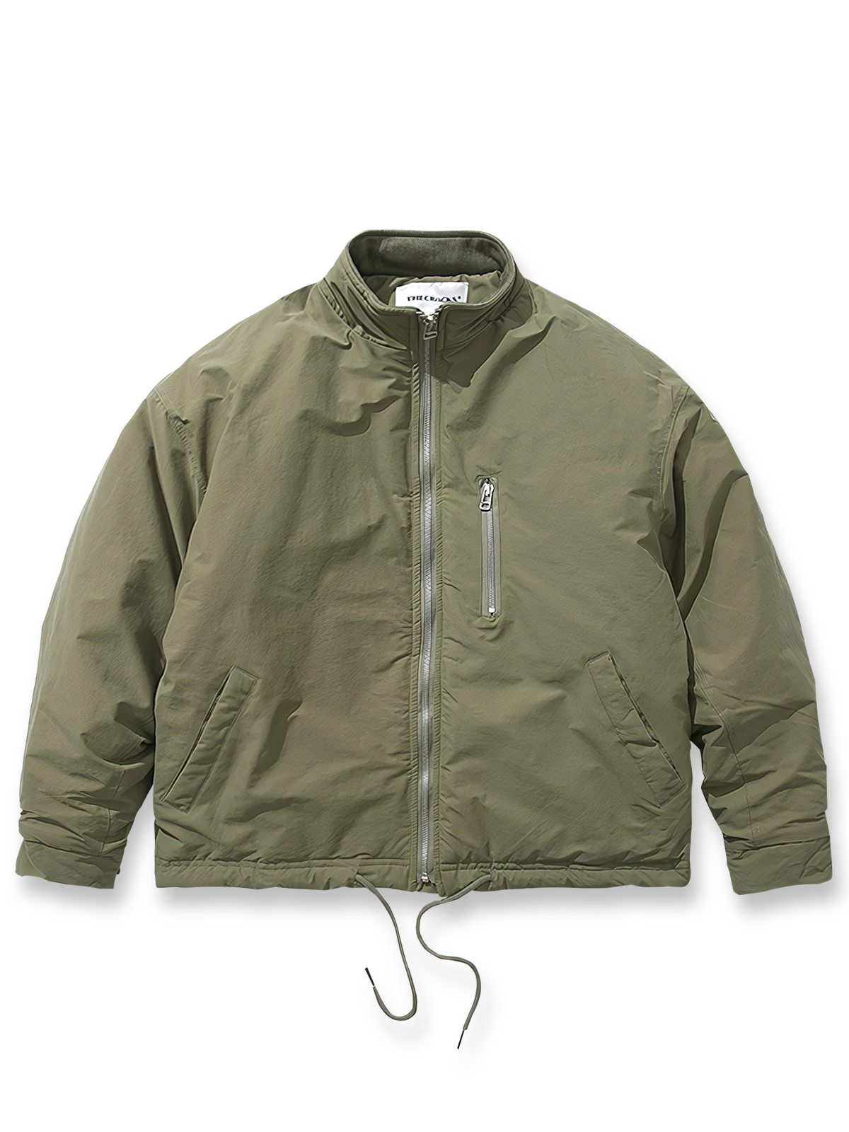 製品画像: スタンドカラーシルエットワークウェア風コットンジャケット全体画像、シンプルなショート丈デザインと防風性が特徴
詳細画像: スタンドカラー、ドローストリングとジッパーのディテールが見えるクローズアップ