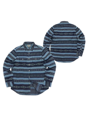 製品画像:ナバホトーテム柄プリントシャツの全体画像、テンセル素材とヴィンテージ風デザインが特徴
詳細画像:ナバホ柄プリント、ウォッシュ加工された金属アイレットボタンのディテール