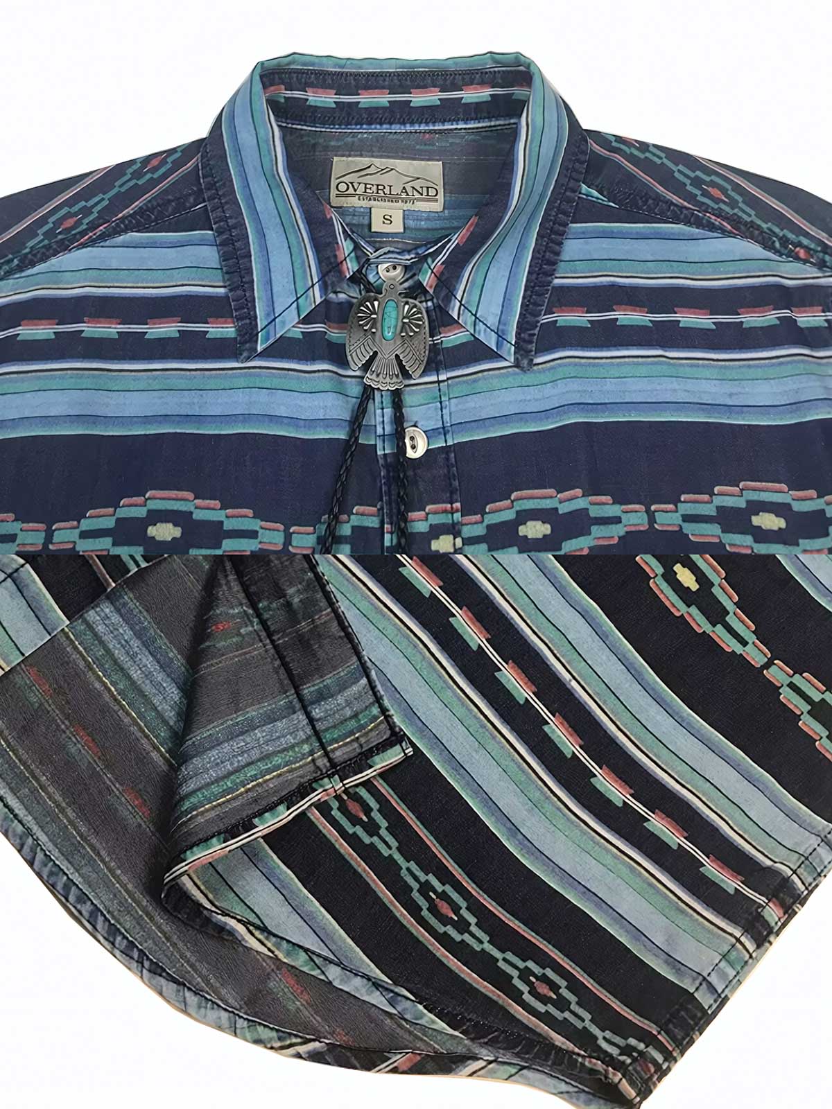 製品画像:ナバホトーテム柄プリントシャツの全体画像、テンセル素材とヴィンテージ風デザインが特徴
詳細画像:ナバホ柄プリント、ウォッシュ加工された金属アイレットボタンのディテール