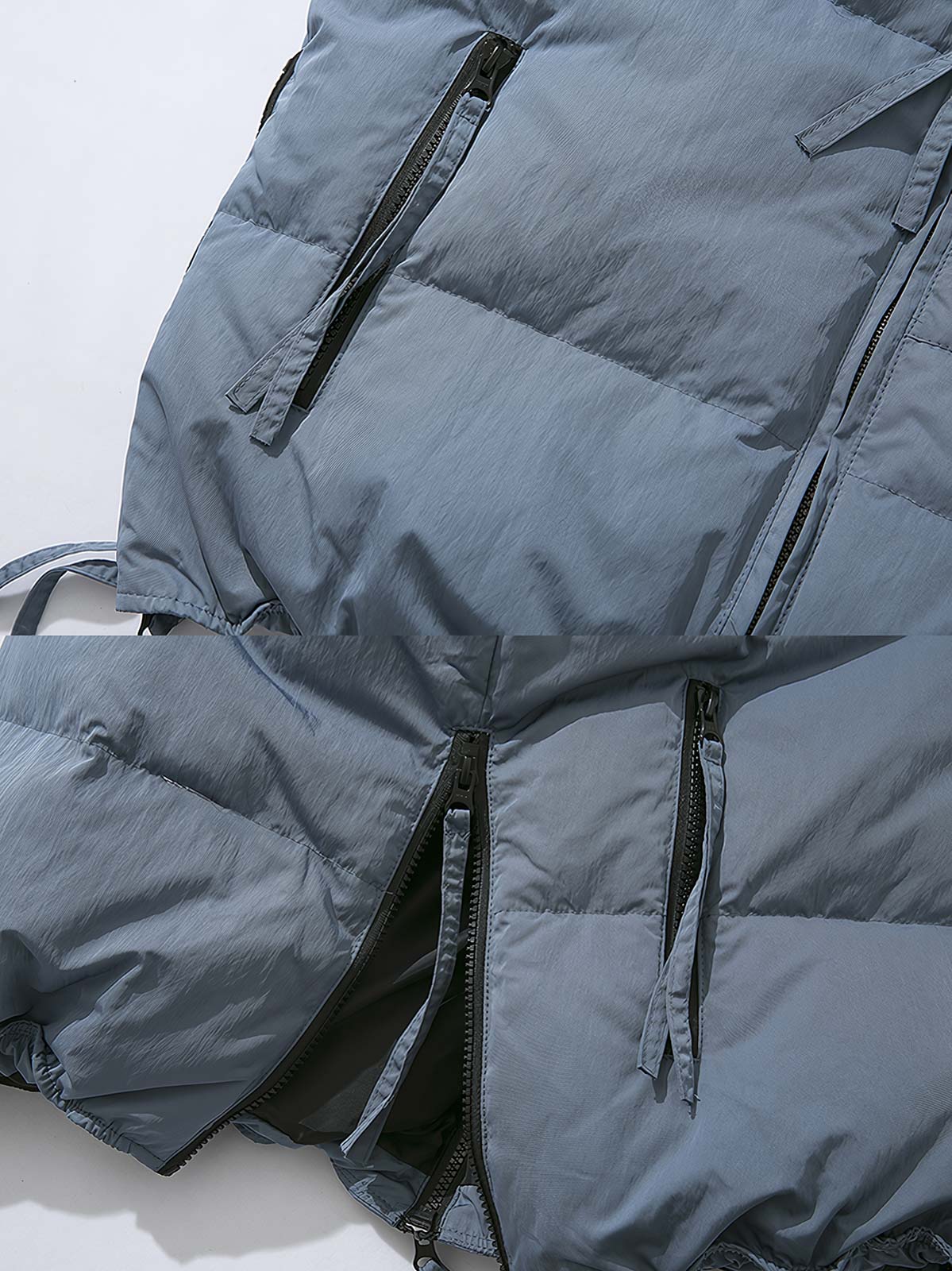 製品画像: 多ポケットデザインのワークダウンベスト、スタンドカラーと70%-79%ホワイトダックダウン充填による高保温性が特徴の全体イメージ
詳細画像: ワークスタイルのダウンベストに施されたジッパー付きサイドスリットとポケットディテールのクローズアップ