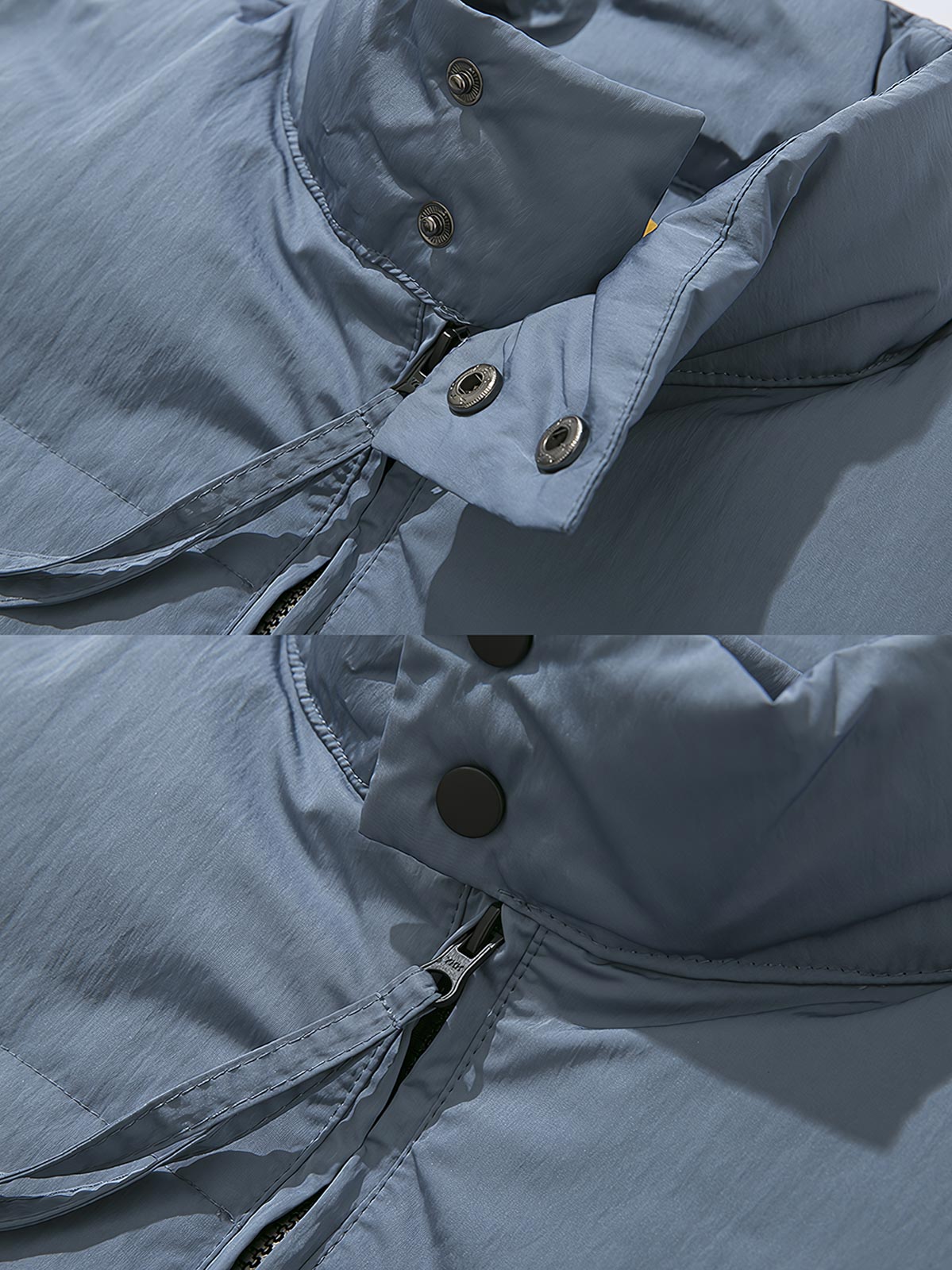 製品画像: 多ポケットデザインのワークダウンベスト、スタンドカラーと70%-79%ホワイトダックダウン充填による高保温性が特徴の全体イメージ
詳細画像: ワークスタイルのダウンベストに施されたジッパー付きサイドスリットとポケットディテールのクローズアップ