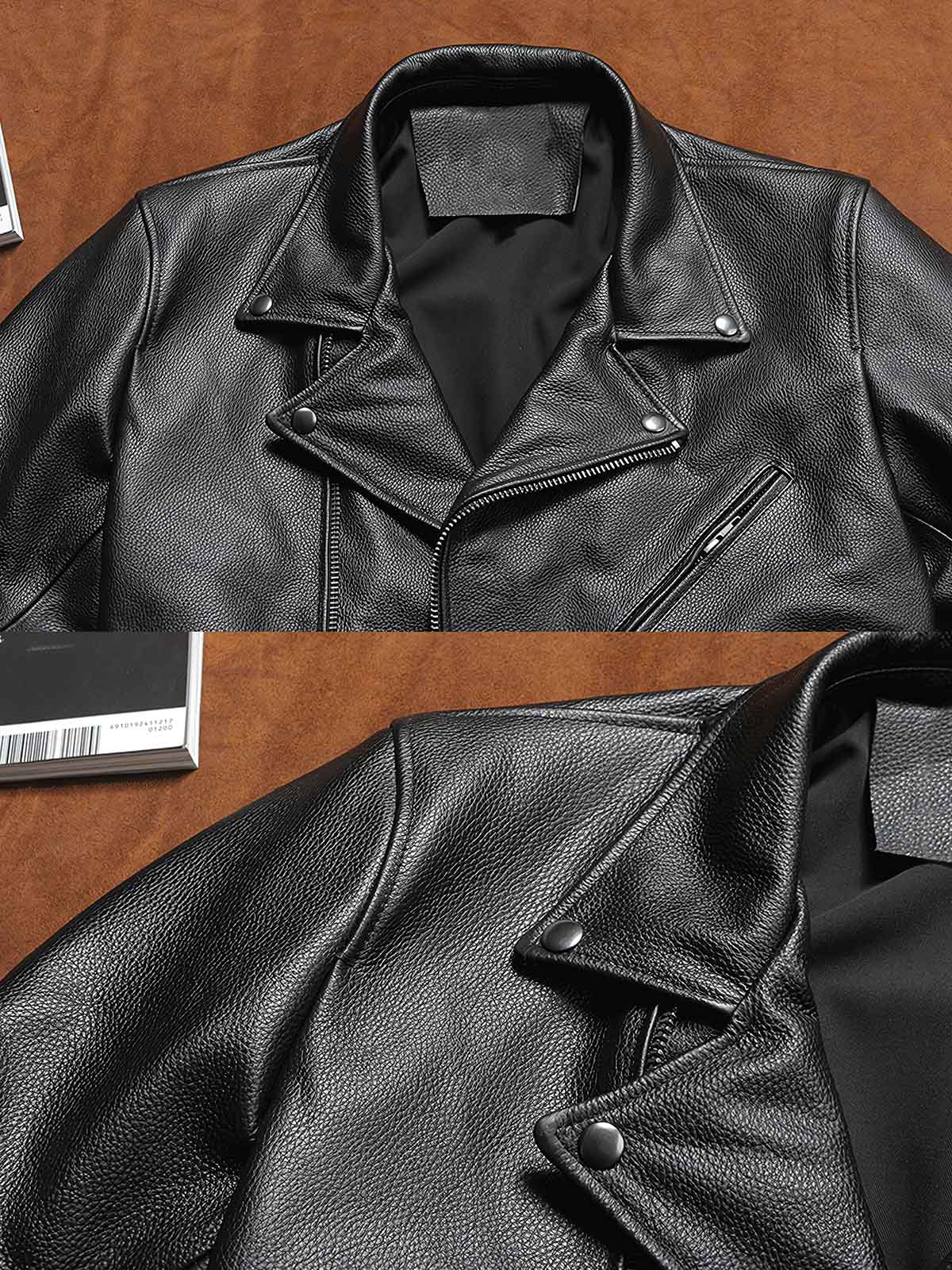 製品画像: 高品質1.0mm厚フルグレインレザー製のスタイリッシュでタフなライダースジャケット全体画像。クラシックなラペルとジップディテールが強調され、バイクライディングやカジュアルスタイルにも最適。
詳細画像: クローズアップで撮影されたラペルとジップディテール、フルグレインレザーの質感がわかる特写。ジャケットのクラシックなデザイン要素と耐久性の高いジップ構造を強調。