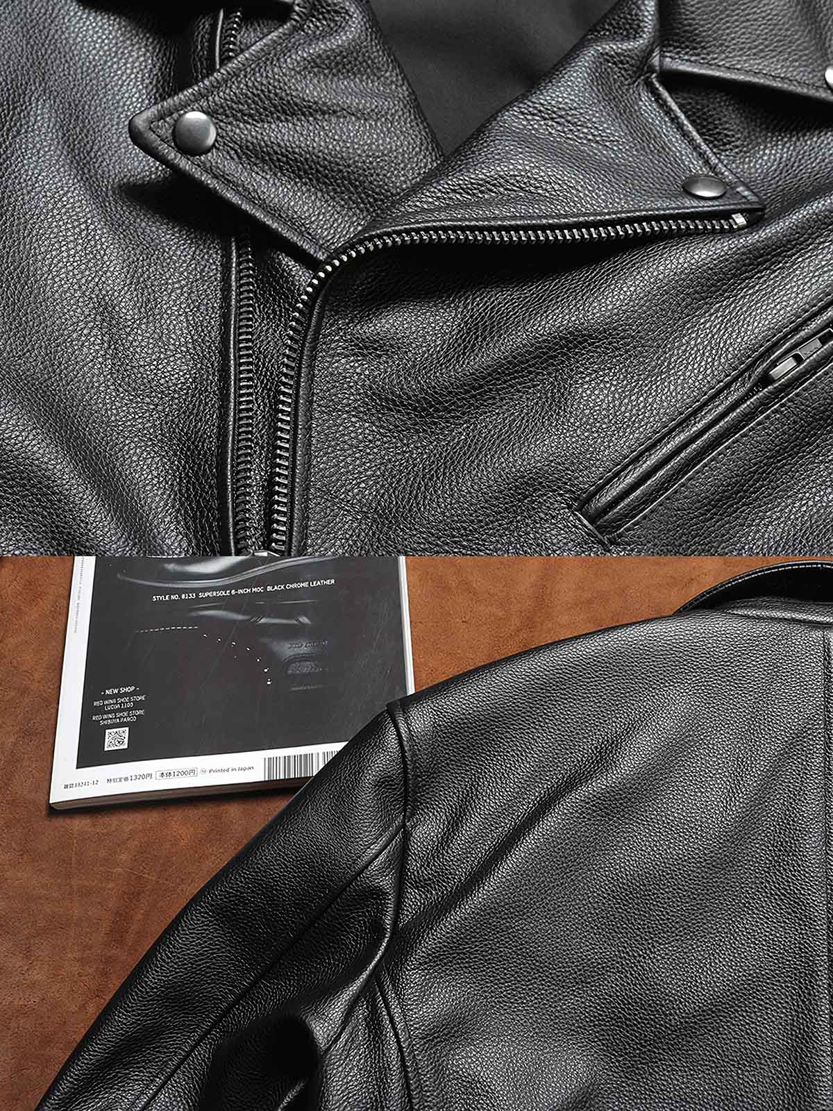 製品画像: 高品質1.0mm厚フルグレインレザー製のスタイリッシュでタフなライダースジャケット全体画像。クラシックなラペルとジップディテールが強調され、バイクライディングやカジュアルスタイルにも最適。
詳細画像: クローズアップで撮影されたラペルとジップディテール、フルグレインレザーの質感がわかる特写。ジャケットのクラシックなデザイン要素と耐久性の高いジップ構造を強調。